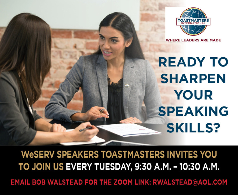 Toastmasters WeMARkable Speakers Club meets every Tuesday at 9:30am on ZOOM, email us for the link!